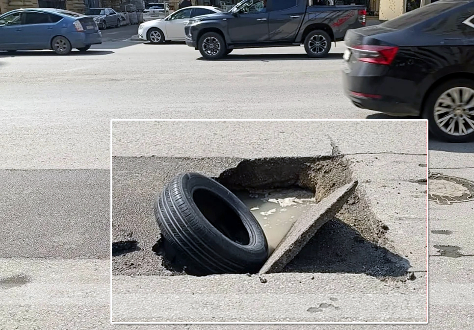 Bakının mərkəzində yeni təmir olunan yol çökdü